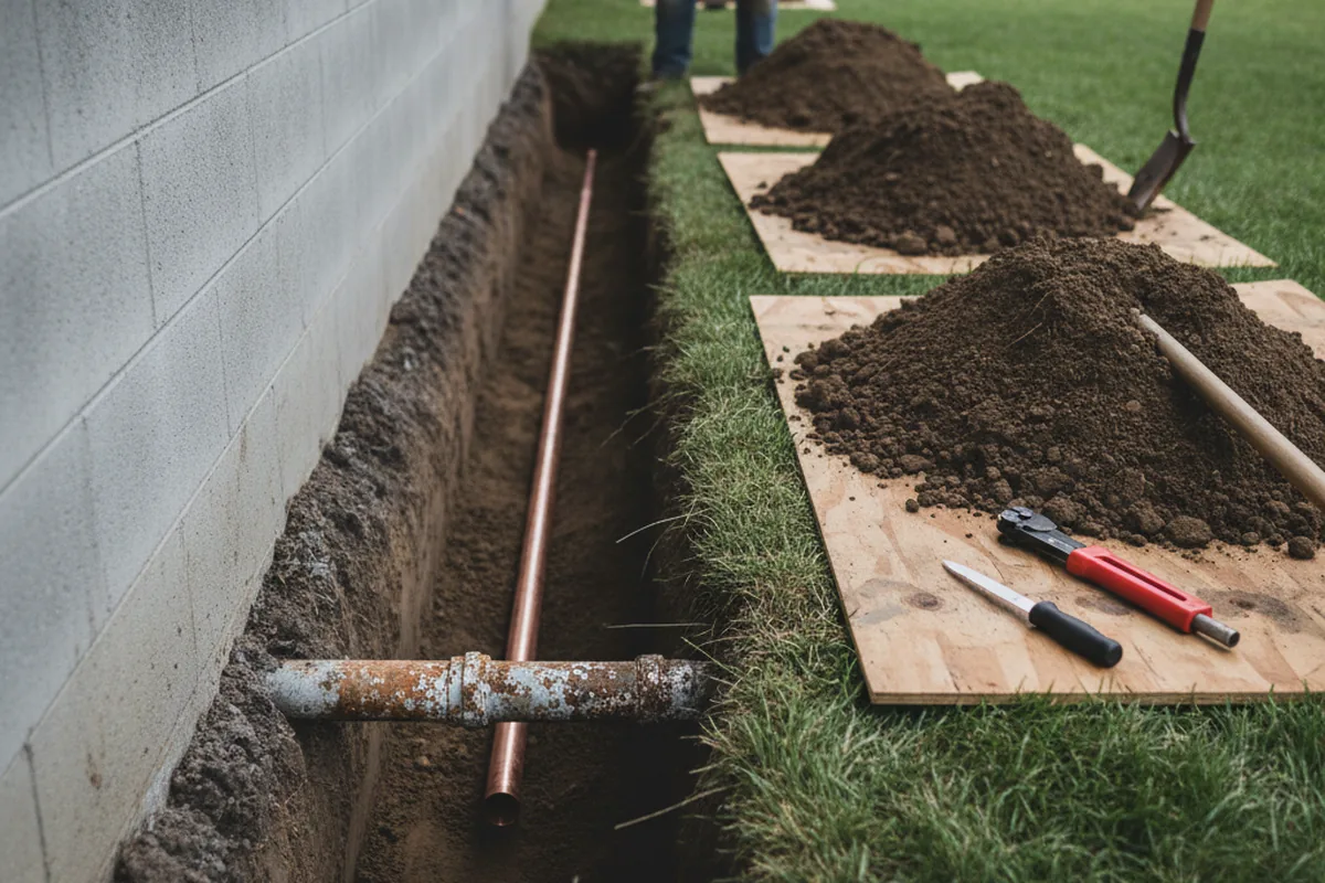 Excavated water line trench during Sewer Line Repair in Dexter City